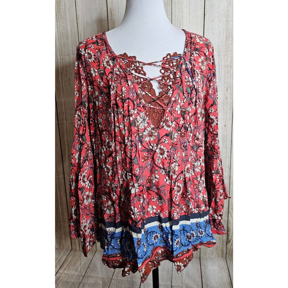 Vintage America Blues XL Red Floral Boho Peasant Tunic Top Bell Sleeve Lace Up